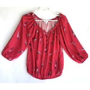 New York & Company Red Women's Blouse with Bird Print size Small